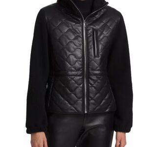 NWT Lamarque Black Quilted Faux Leather Jacket with Knit Sleeves